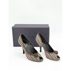 Prada Peep Toe Heels Brown Houndstooth Wool Tweed Nubuck Rosette EU 38.5 US 8.5